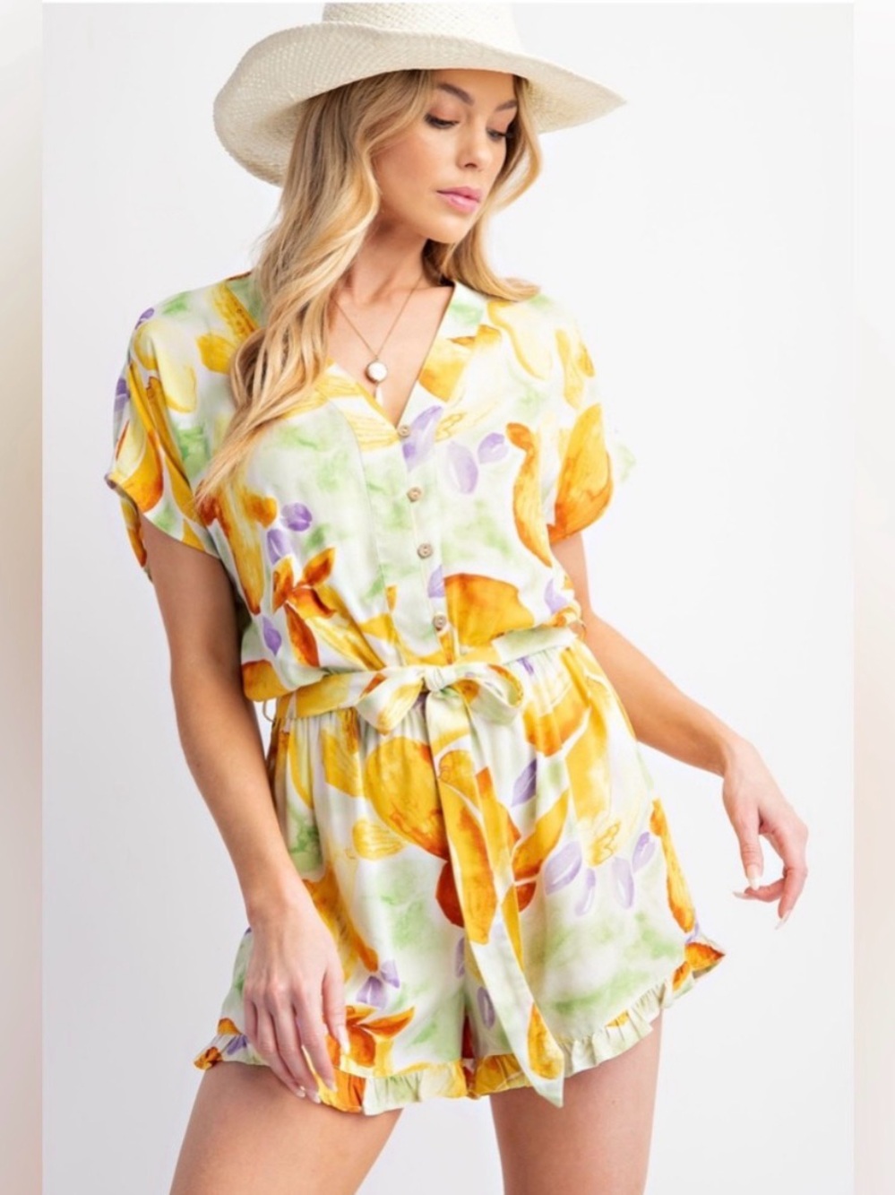 easel Yellow Floral Tie-Waist Romper with Lavender Accents